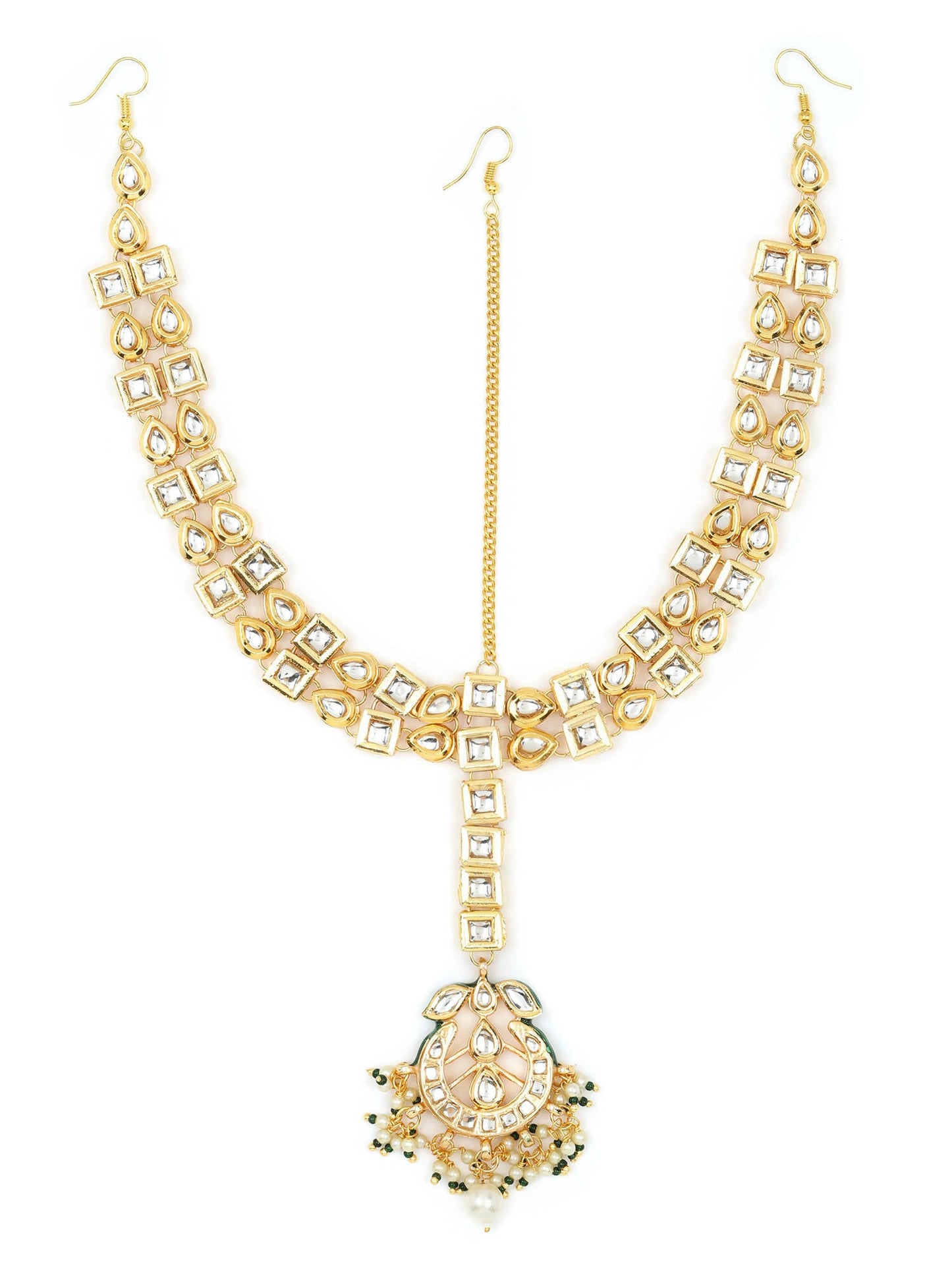 Gold-Polished White Green Kundan-Studded Pearl Beaded Matha Patti - Ruby Raang | Swadesiicart