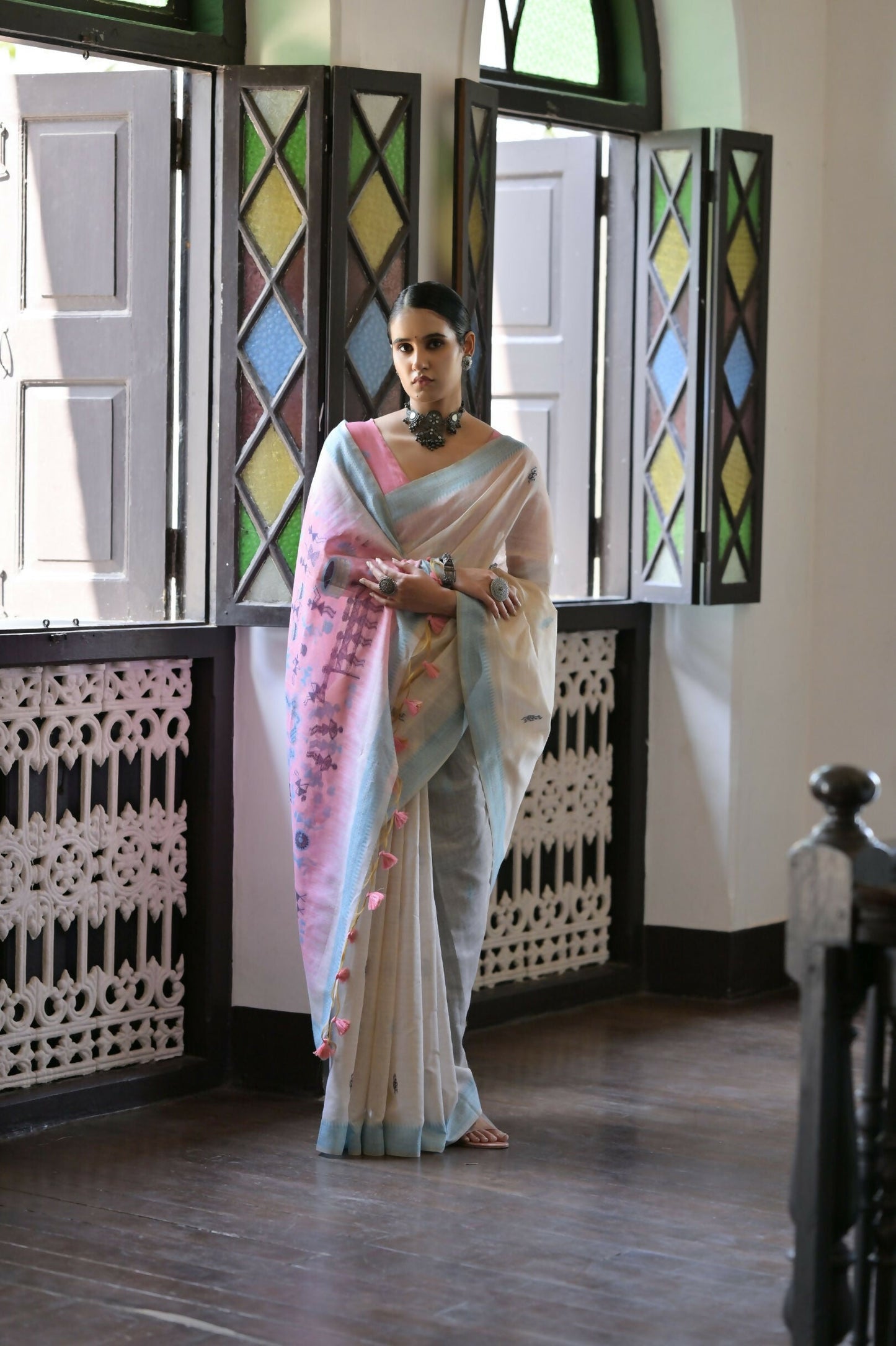 Vishnu Weaves Women's Firozi Muga Cotton Saree with Blouse - Swadesiicart