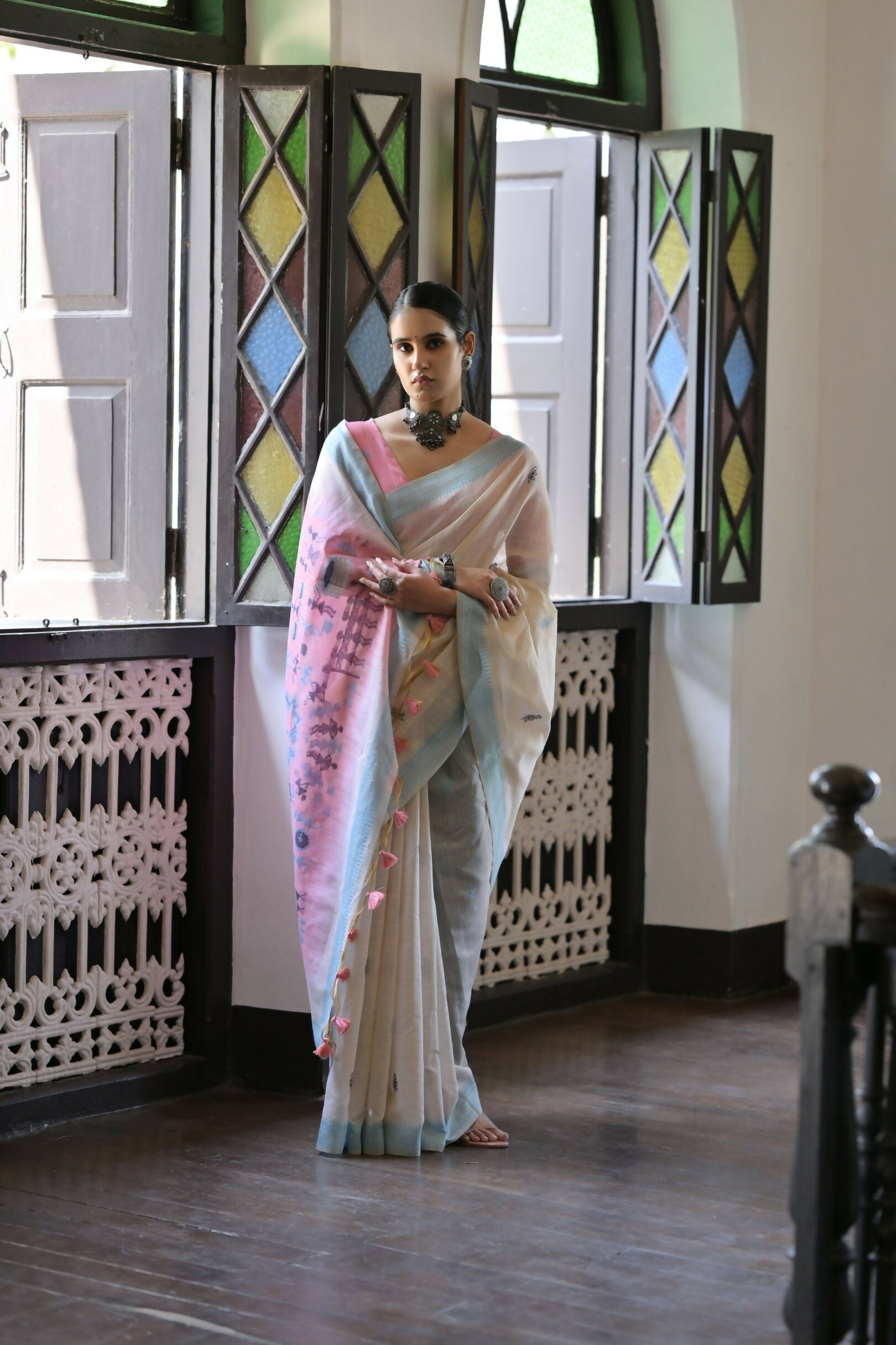 Vishnu Weaves Women's Firozi Muga Cotton Saree with Blouse - Swadesiicart