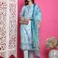 Jyoti Fashion Women's Turquoise Satin Traditional Digital Print with Crystal work Kurta with Trouser & Dupatta | Swadesiicart