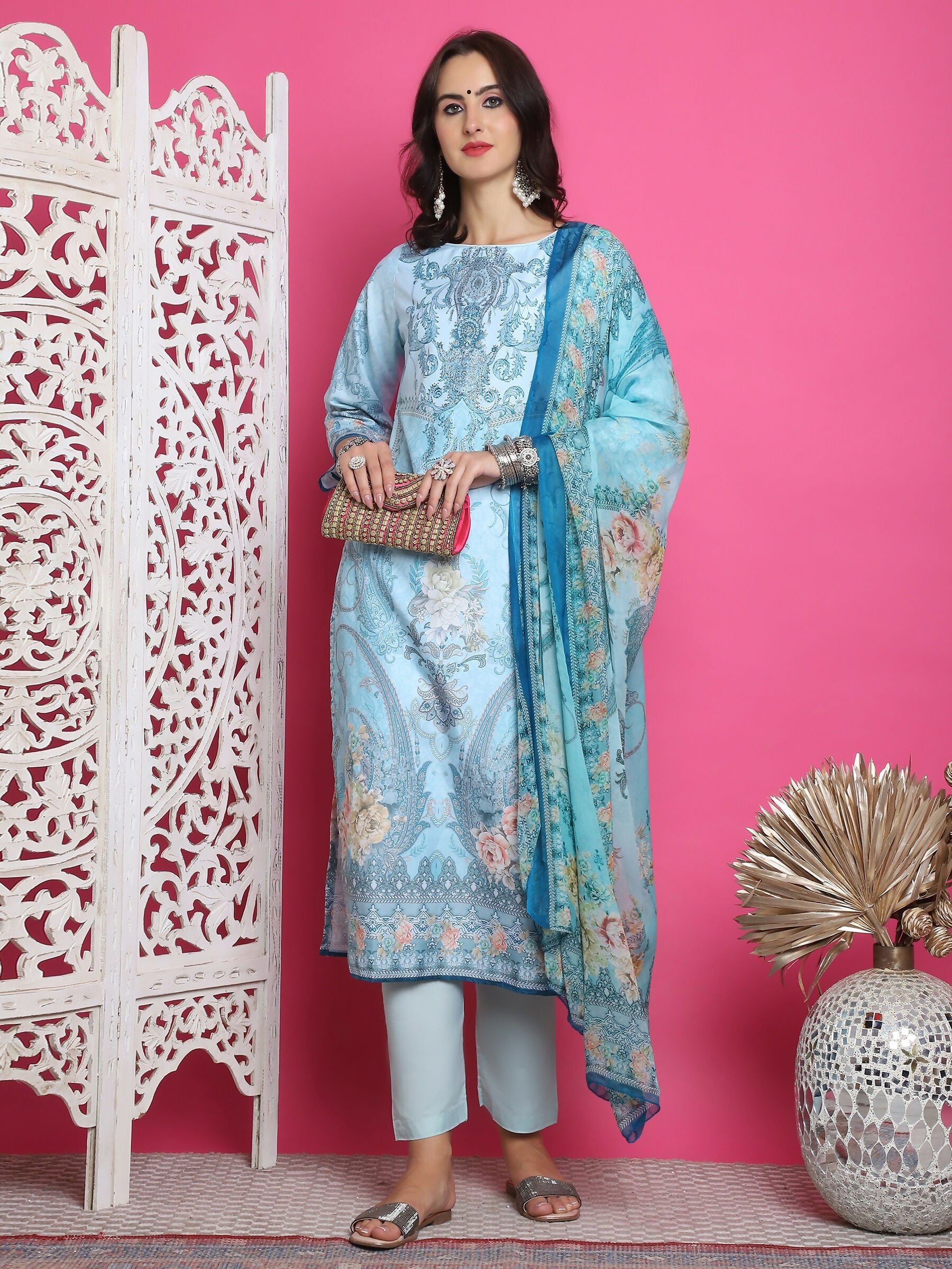 Jyoti Fashion Women's Turquoise Satin Traditional Digital Print with Crystal work Kurta with Trouser & Dupatta | Swadesiicart