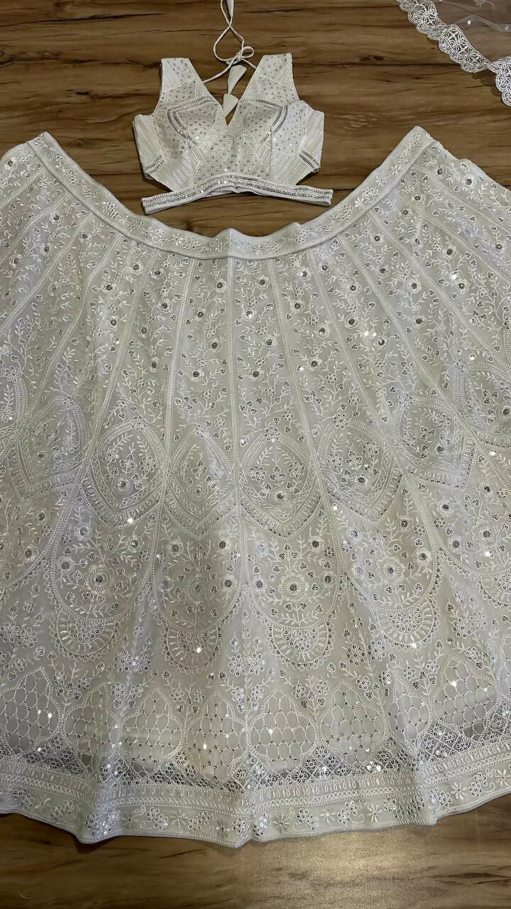 Jyoti Fashion Women's Off White Georgette Codding Thread with Sequins Embroidered Designer Lehenga Choli Set | Swadesiicart