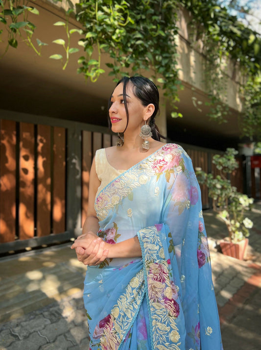 Vamsee Subh Laxmi Sky Georgette Saree - Swadesiicart
