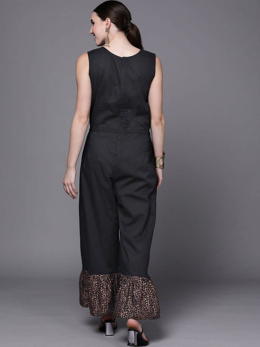 Ahalyaa Women Black Printed Basic Jumpsuit - Swadesiicart