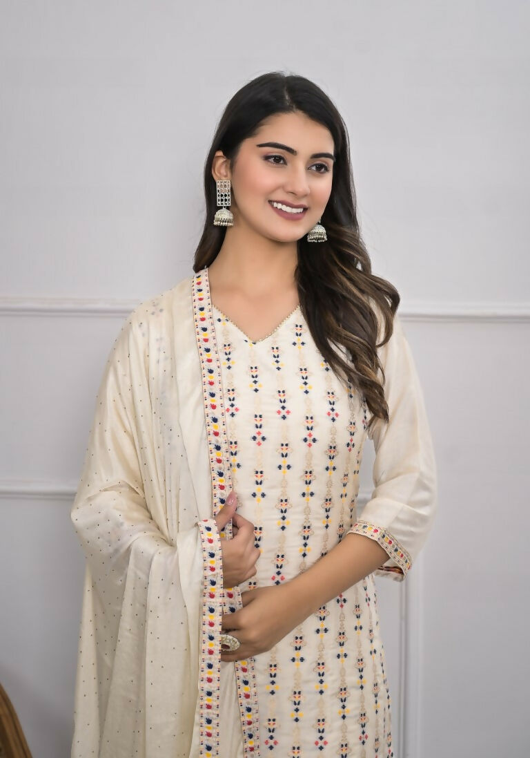 Cream Jequard Silk Embroidery with Thread and sequence Stitched Suit With Dupatta - Tanisha | Swadesiicart