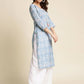 Blue Linen Floral Printed Straight Fit Kurta - Prasuti