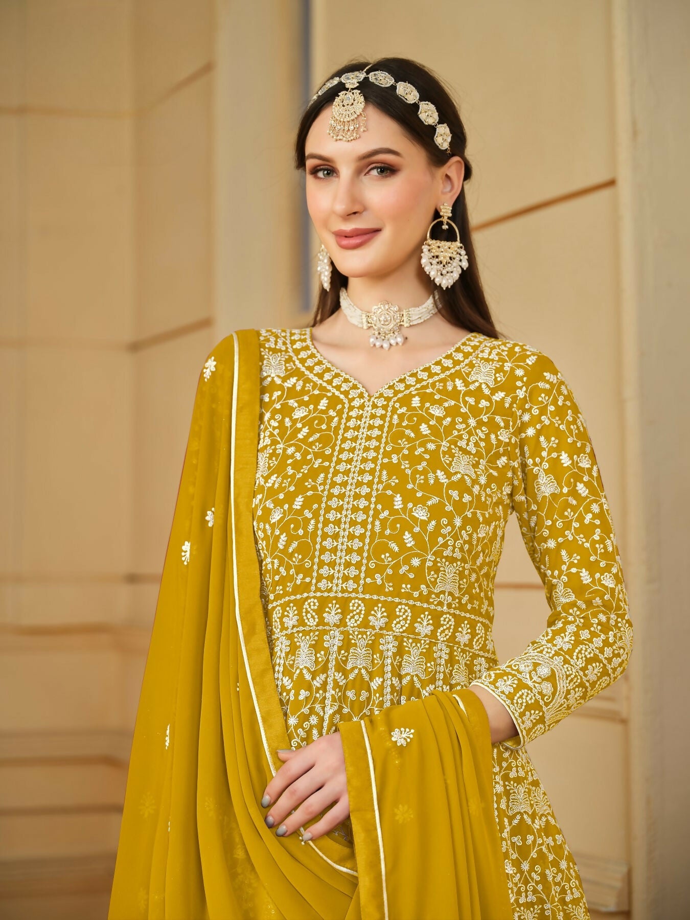 Anaita Yellow Embroidered Faux Georgette Anarkali Suit