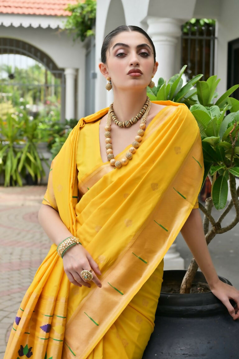 Vishnu Weaves Women's Yellow Paithani Silk Zari Woven Saree with Blouse - Swadesiicart