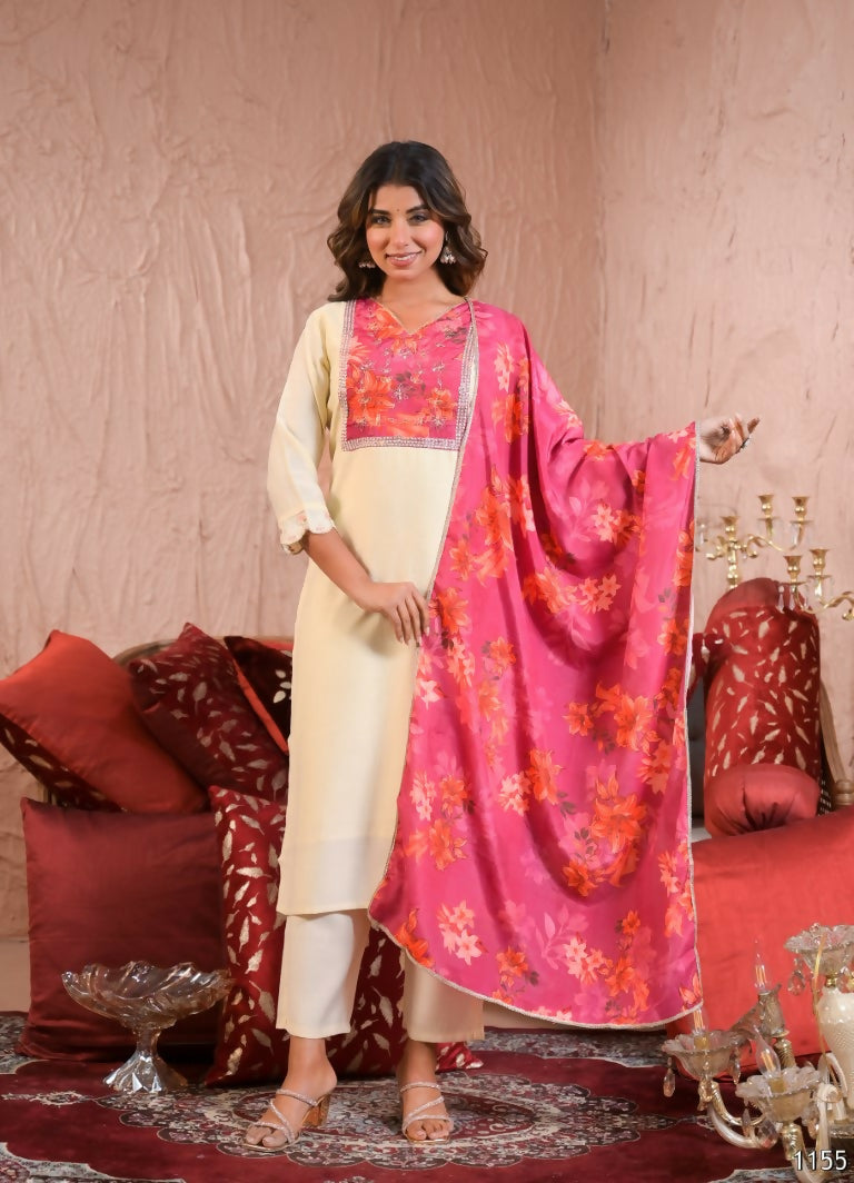 Ethnic Festive Wear Chanderi With Lining White & Pink Stitched Suit With Dupatta - Tanisha | Swadesiicart