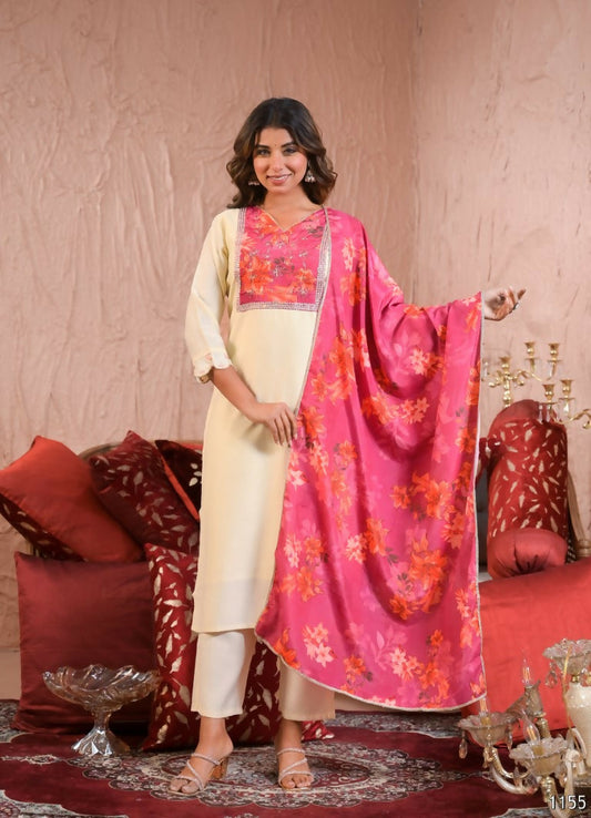 Ethnic Festive Wear Chanderi With Lining White & Pink Stitched Suit With Dupatta - Tanisha | Swadesiicart