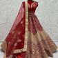 Jyoti Fashion Women's Red Velvet Fancy Dori & Sequins Multi Thread Embroidered with Diamond Work Wedding Lehenga Choli | Swadesiicart