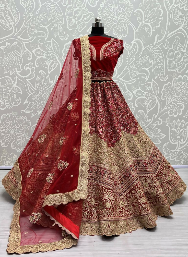 Jyoti Fashion Women's Red Velvet Fancy Dori & Sequins Multi Thread Embroidered with Diamond Work Wedding Lehenga Choli | Swadesiicart