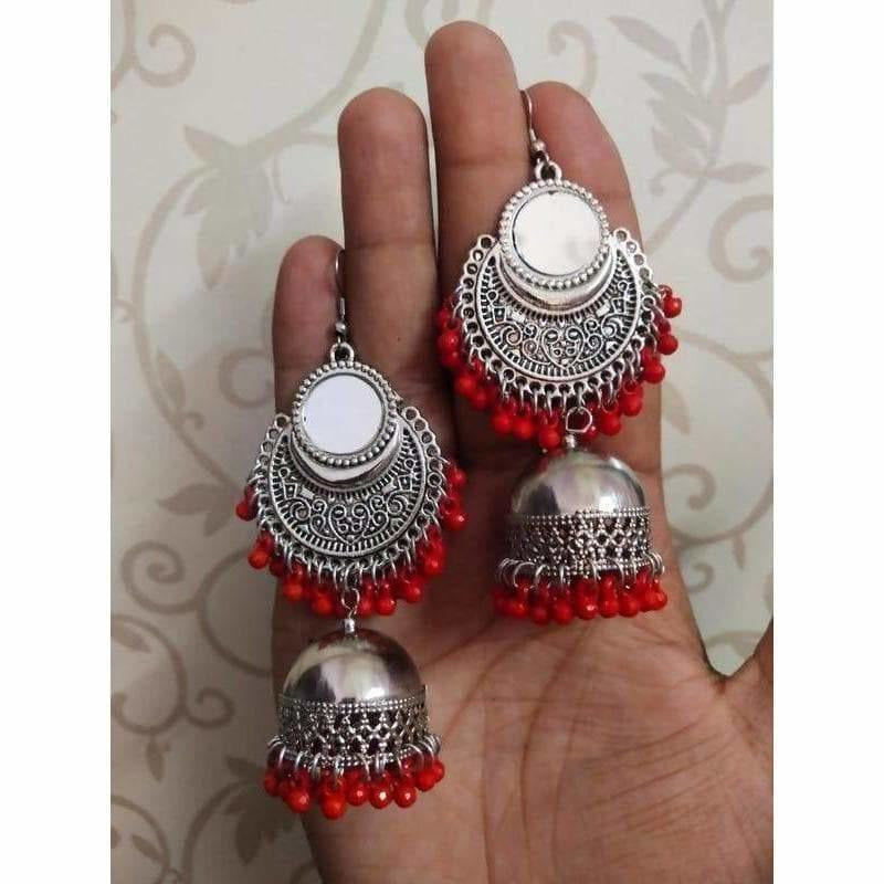 MS Fashion India Designer Red Color Pearls Mirror Tassel Silver Jhumka Earrings | Swadesiicart