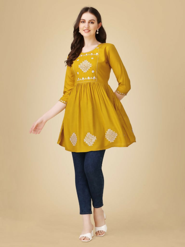 Jyoti Fashion Women's Mustard Viscose Rayon Embroidered Casual Top | Swadesiicart