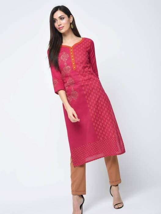 Aniyah Cotton Block Printed Traditional Straight Kurta In Magenta Color (AN-125K) - Swadesiicart
