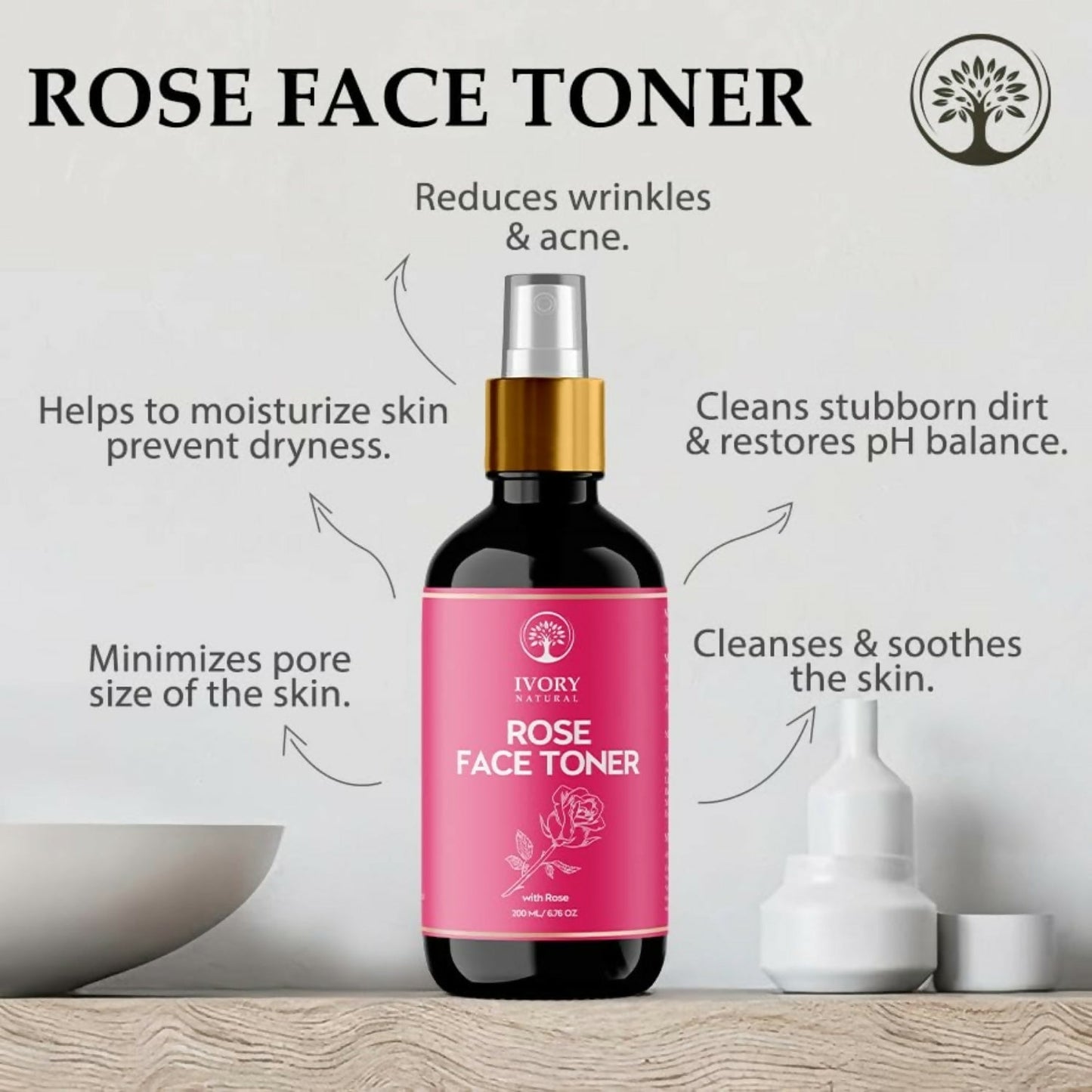 Ivory Natural Rose Facial Toner For Impurities, Soothing Hydration, Balancing Ph & Enhancing Skin Elasticity | Swadesiicart