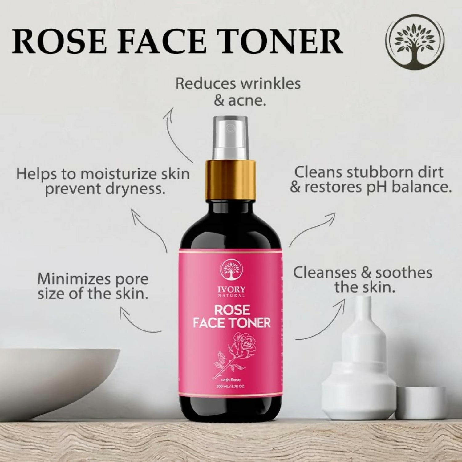 Ivory Natural Rose Facial Toner For Impurities, Soothing Hydration, Balancing Ph & Enhancing Skin Elasticity | Swadesiicart