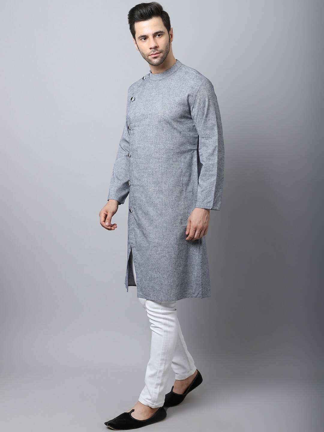 Even Apparels Grey Pure Cotton Sherwani Men's Kurta With Asymetrical Cut | Swadesiicart