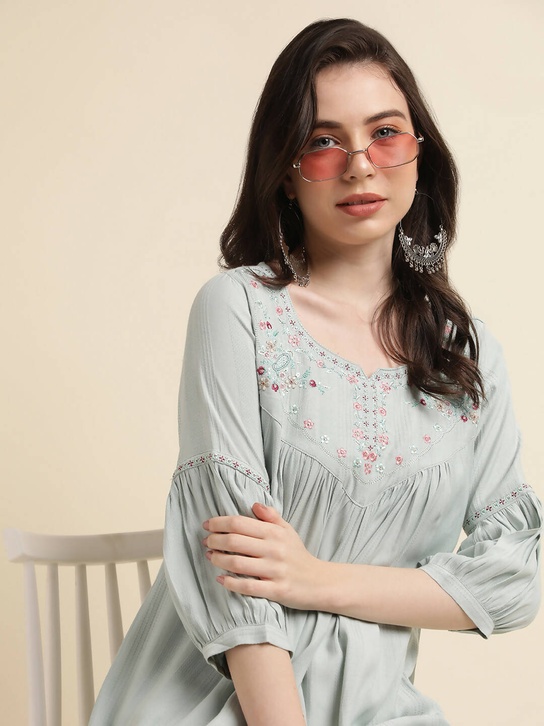 Light Blue Poly Cotton Yoke Embroidered A-line Top - Tarini - Swadesiicart