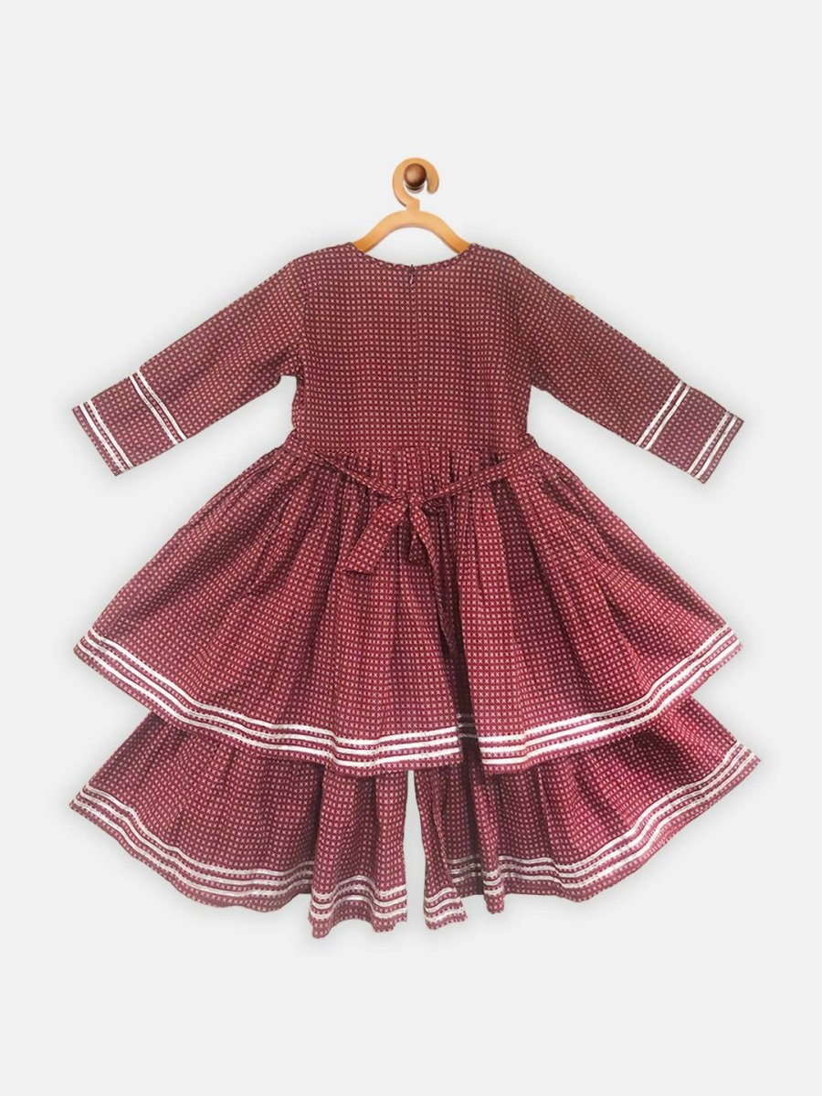 Ahalyaa Maroon Pure Cotton Digital Printed Kids Kurta Sharara Set For Girls | Swadesiicart