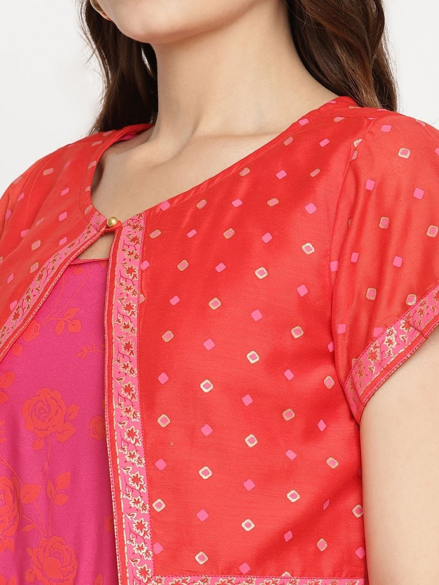 Ahalyaa Pink Crepe Orange khari Print Kurta with Jacket | Swadesiicart