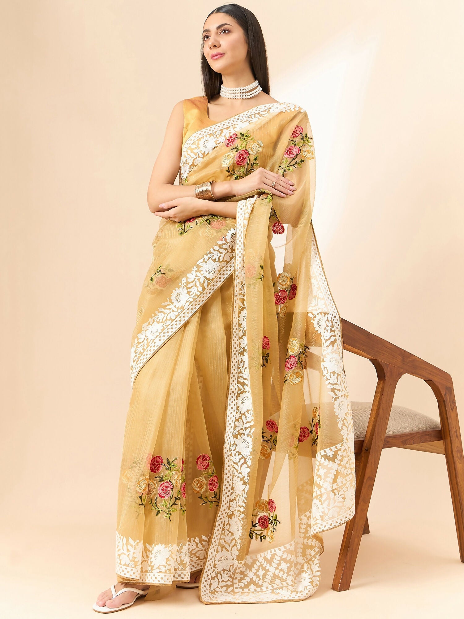 Beige Organza Floral Embroidered Saree with Unstitched Blouse Piece - Roozal