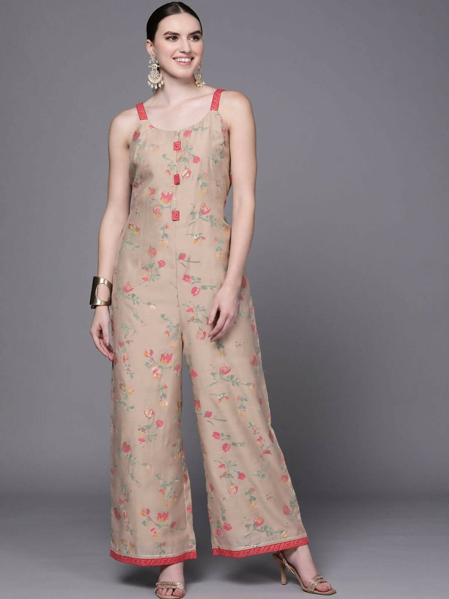 Ahalyaa Women Tan Printed Basic Jumpsuit - Swadesiicart