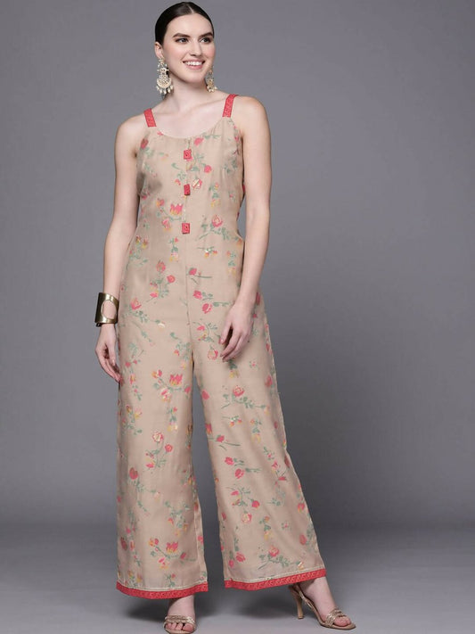 Ahalyaa Women Tan Printed Basic Jumpsuit - Swadesiicart