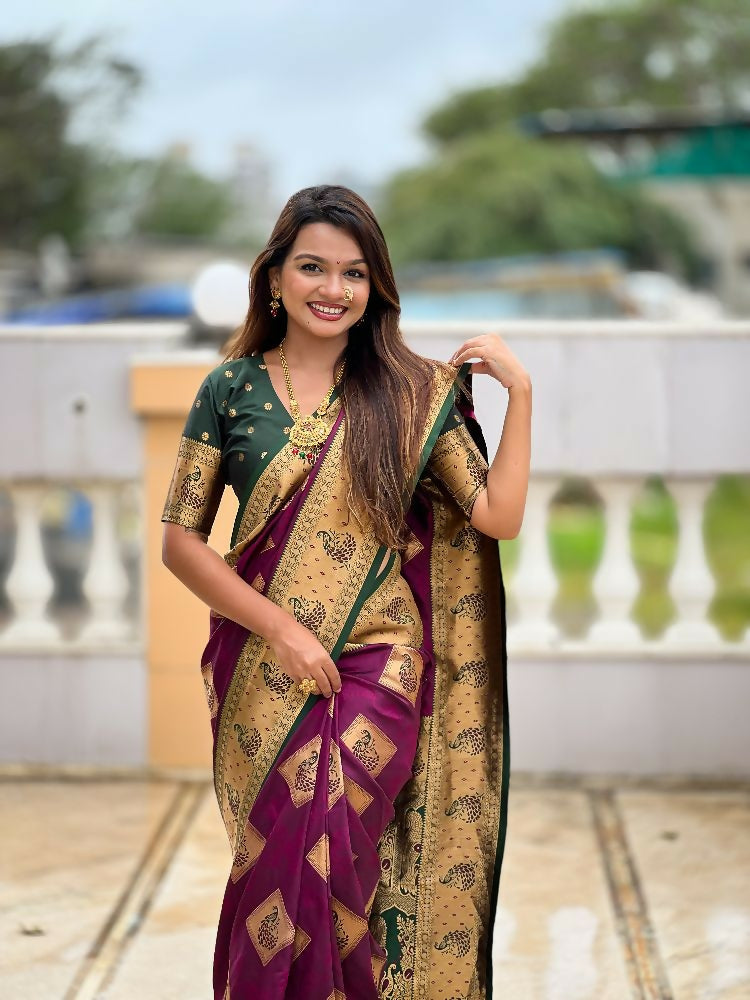 PR Fashion Wine Soft Banarasi Silk With Zari Weaving Meenakari Design Saree | Swadesiicart