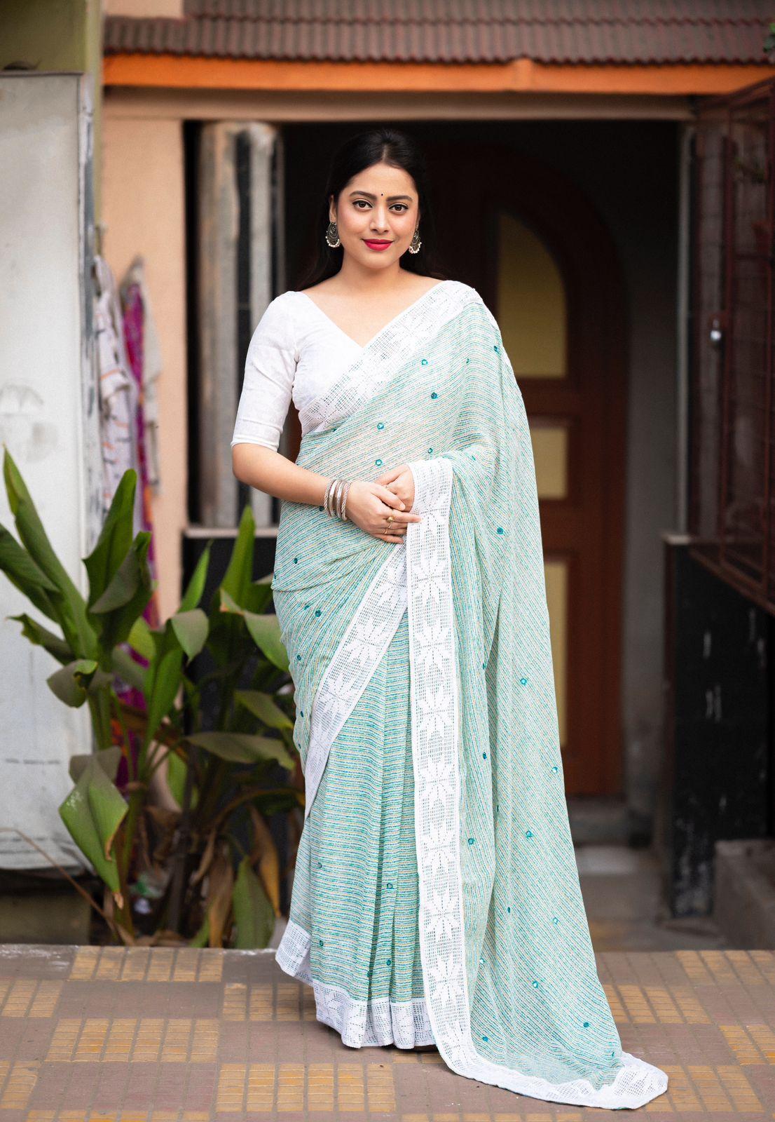 Blue Poly Georgette Ethnic Motifs Saree with Unstitched Blouse - Hiral Fashion | Swadesiicart