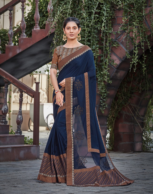 Navy Blue Silkresham And Cord Embroidery, Applique Saree - Norita Hit - Swadesiicart