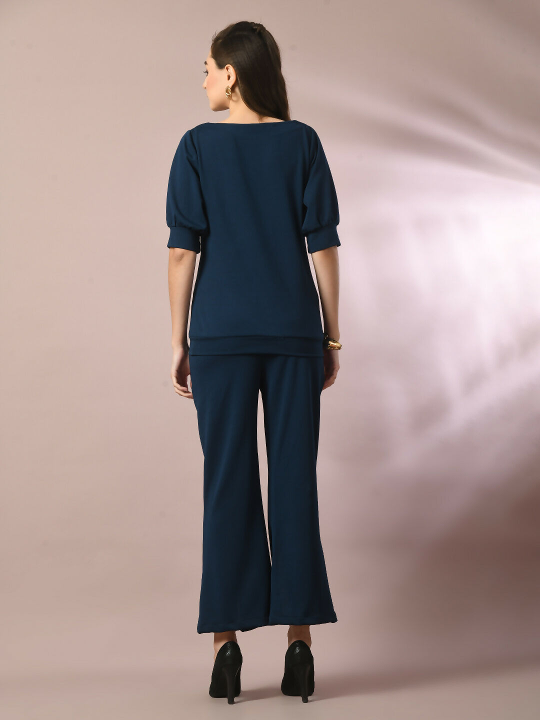 Myshka Women's Blue Solid Boat Neck Party Top With Trousers Co-ord set - Swadesiicart