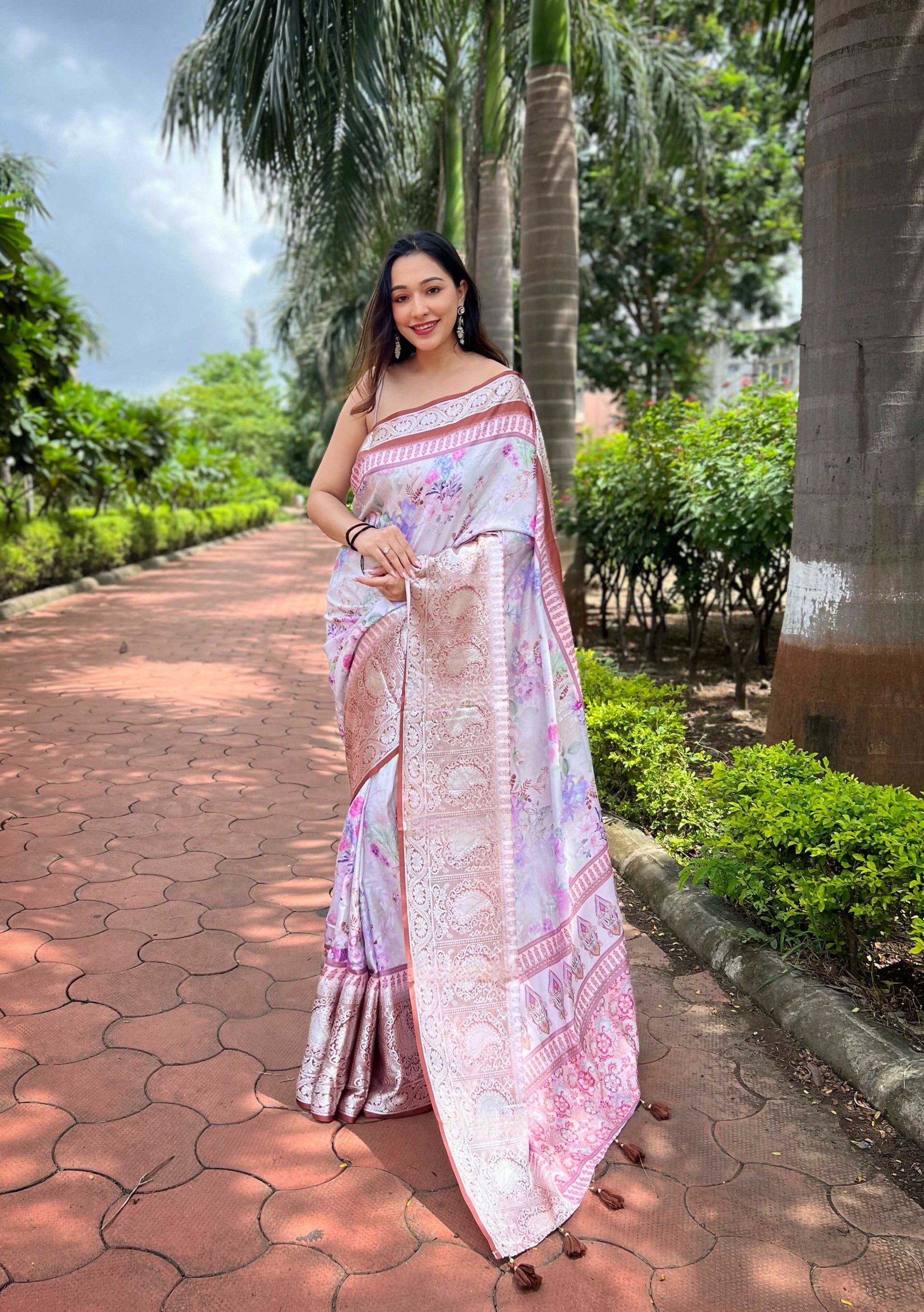 Vamsee Bhavi Brown Tussar Dola Satin Silk Saree - Swadesiicart