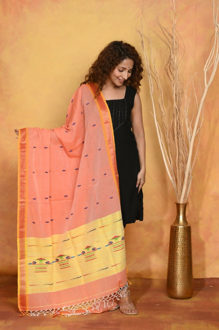 Very Much Indian Handloom Pure Cotton Paithani Dupatta Orange | Swadesiicart
