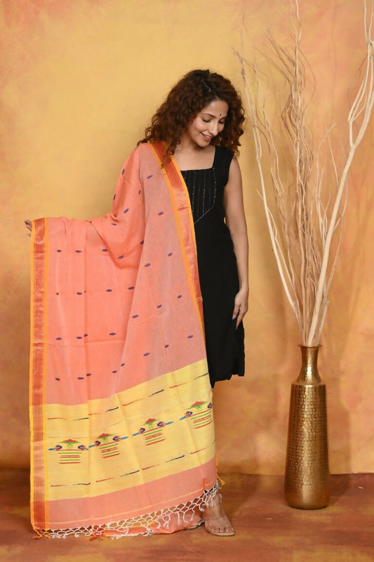 Very Much Indian Handloom Pure Cotton Paithani Dupatta Orange | Swadesiicart