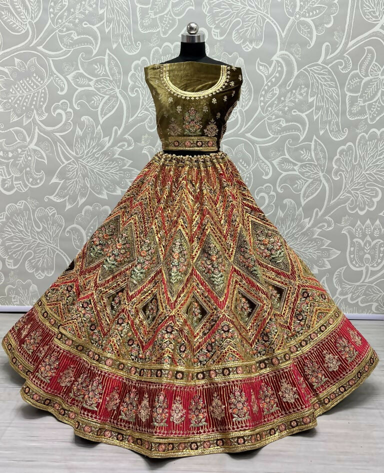 Jyoti Fashion Women's Pista Green Velvet Golden Gotta, Multi Thread Embroidered with Diamond Work Wedding Lehenga Choli | Swadesiicart