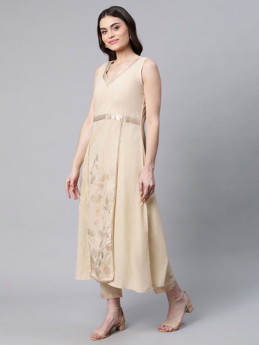 Ahalyaa Women Beige Pure Cotton Printed Floral Kurta With Trousers | Swadesiicart