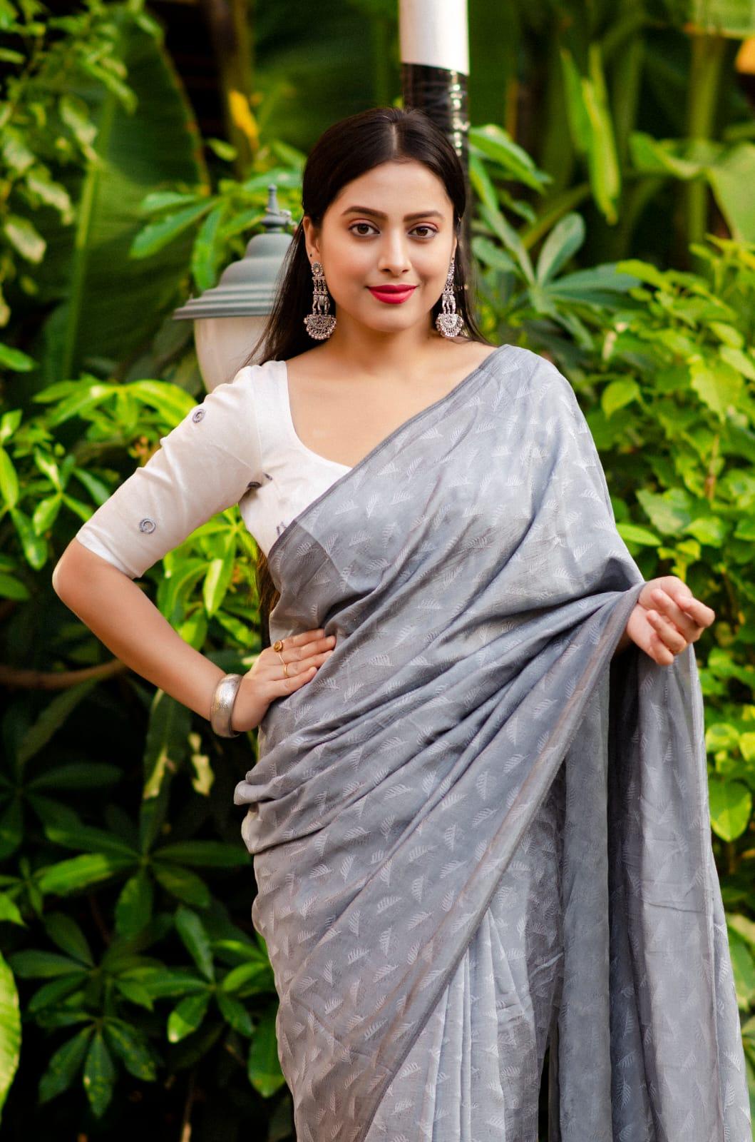 Grey Poly Georgette Woven Design Saree with Unstitched Blouse - Hiral Fashion | Swadesiicart
