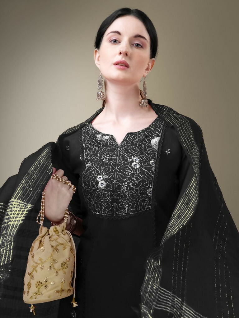 Jyoti Fashion Women's Black Cotton Blend Embroidery & Fancy Lace work Kurta with Trouser & Dupatta | Swadesiicart