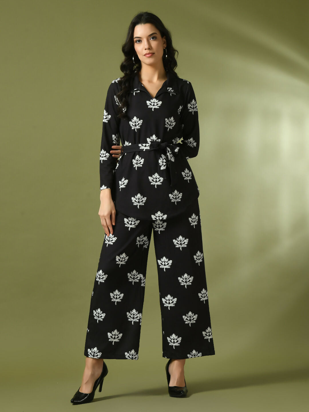 Myshka Women's Black Printed Polo Collar Party Top With Trousers Co-ord set - Swadesiicart