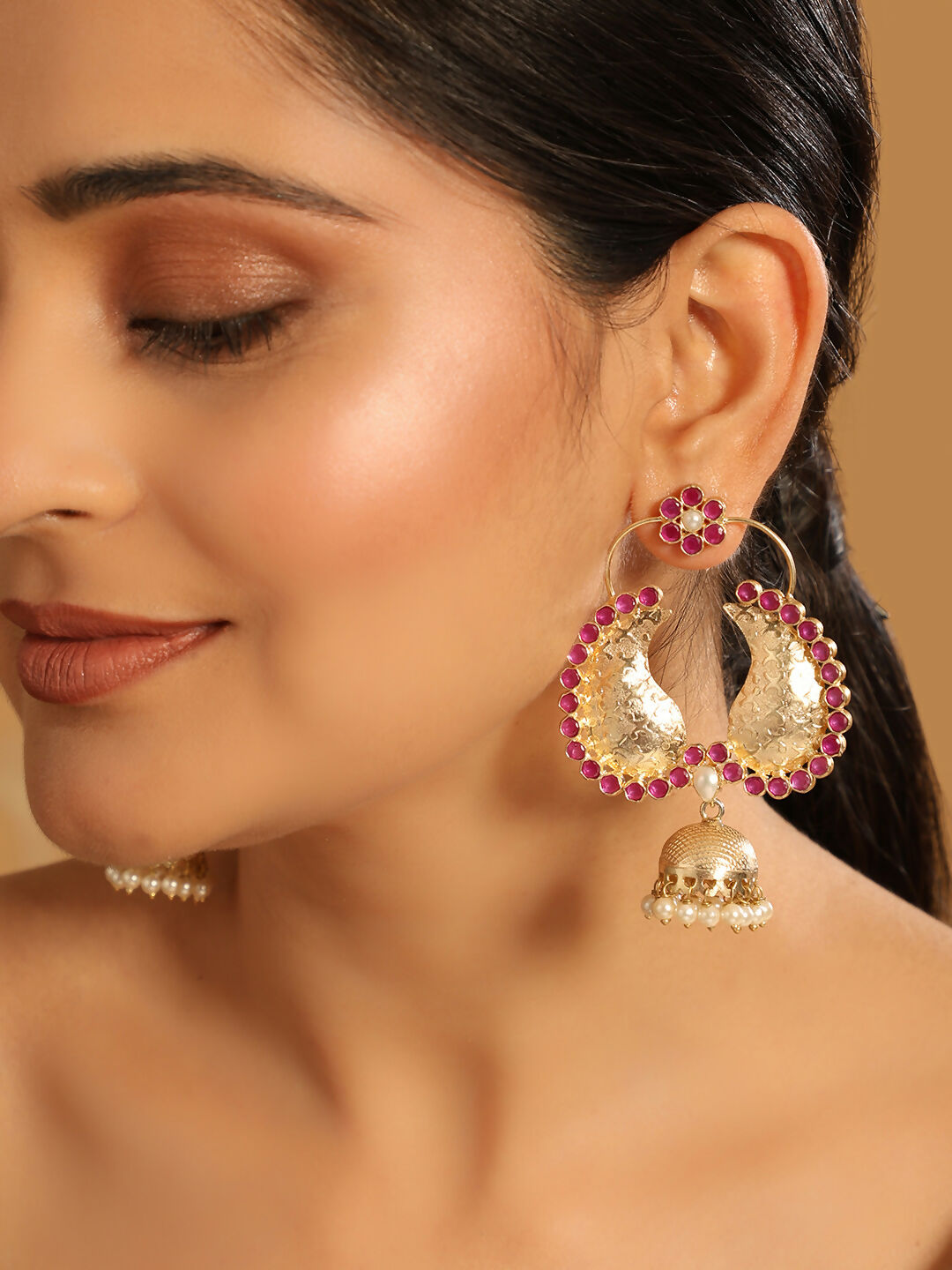 Nuyug 22K Gold Plated Pink Paisley Bloom Earrings | Swadesiicart