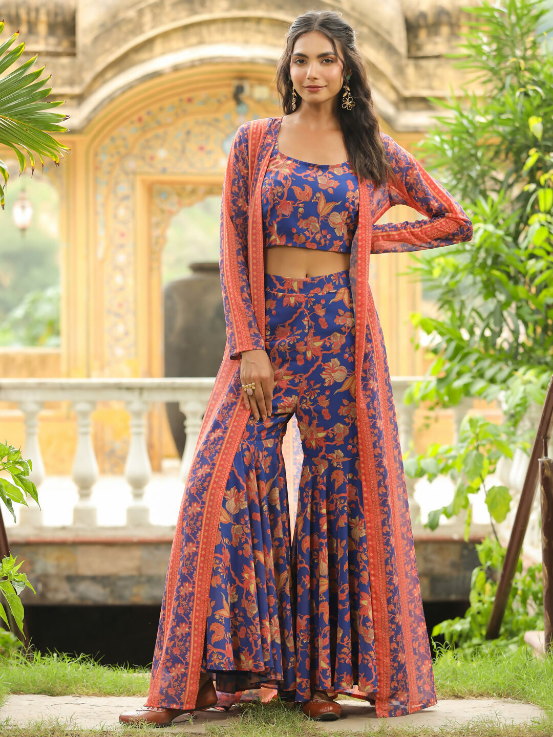 Janasya Navy Blue Georgette Floral Top,Bottom & Jacket | Swadesiicart