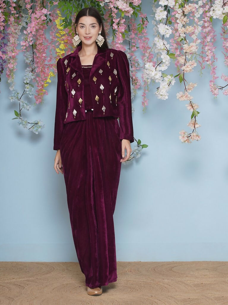 Joban Fashion Wine Hand Embellished Jacket with inner and skirt - Swadesiicart