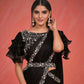 Black Crepe Silk Satin Cord & Sequence Embroidery with Stone & Moti Work Saree With Stitched Blouse - Mohmanthan Elegancia