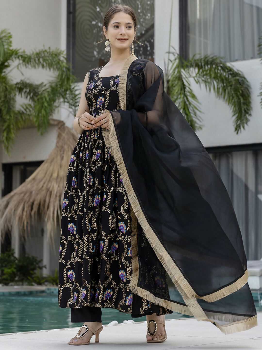 The52 Black Women's Gorgeous Printed Muslin Fabric Flared Kurta Pant and Dupatta Set - Swadesiicart