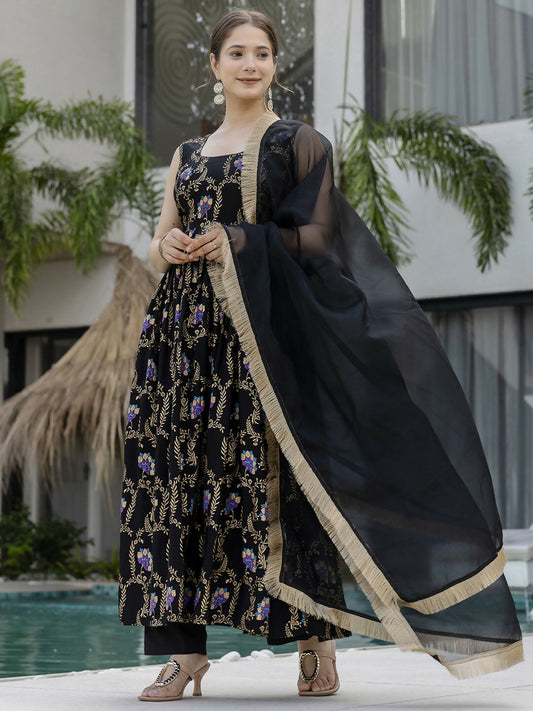 The52 Black Women's Gorgeous Printed Muslin Fabric Flared Kurta Pant and Dupatta Set - Swadesiicart