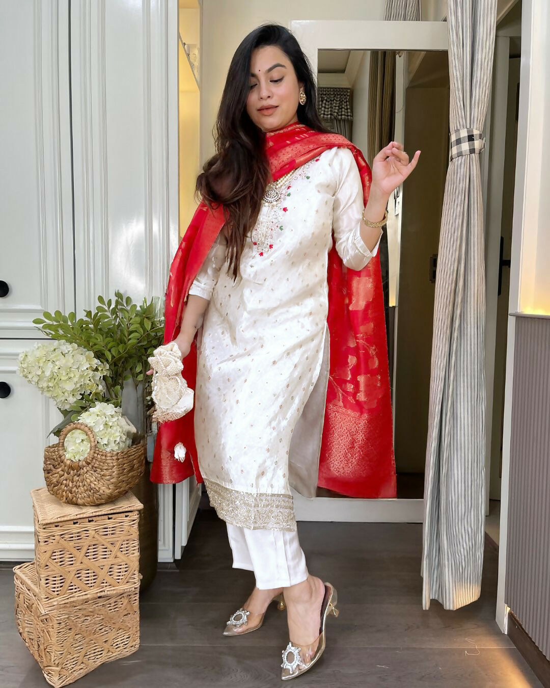 The52 White Women's Beautiful Chanderi Jacquard Fabric Embroidered Work Straight Kurta Pant and Dupatta Set - Swadesiicart
