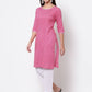 Myshka Women's Pink Cotton 3/4 Sleeve Round Neck Printed Casual Kurta