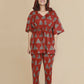 Breathables Women’S Loungewear Kaftan Cotton Red Geometric Print Co-Ord Set