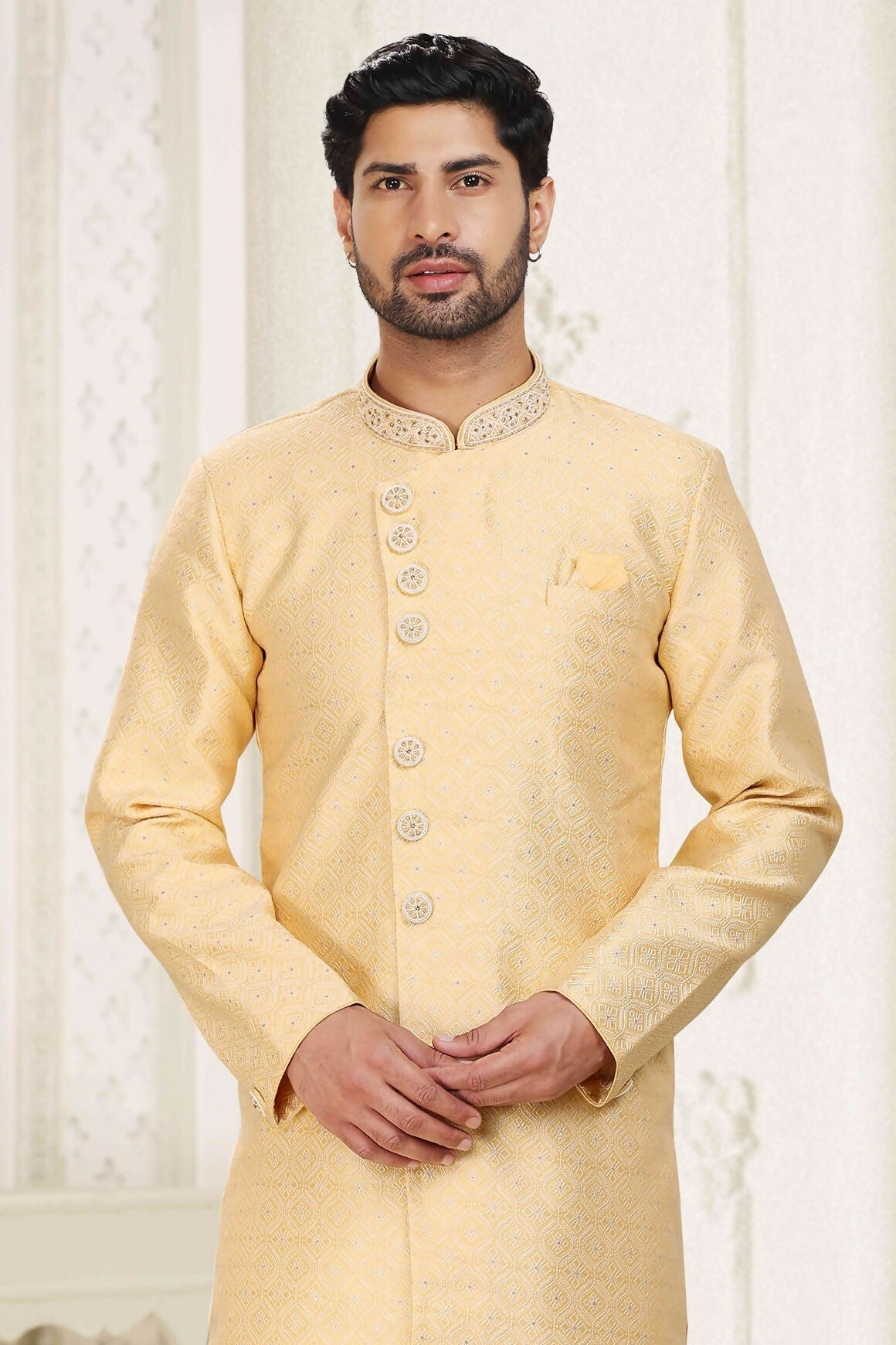 Raivat Ethnic Banarasi Jacquard Embroidery Semi Indo Western Sherwani In Yellow Colour | Swadesiicart